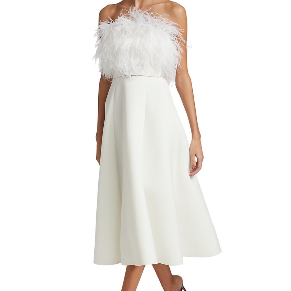 Badgley Mischka scuba feather midi dress